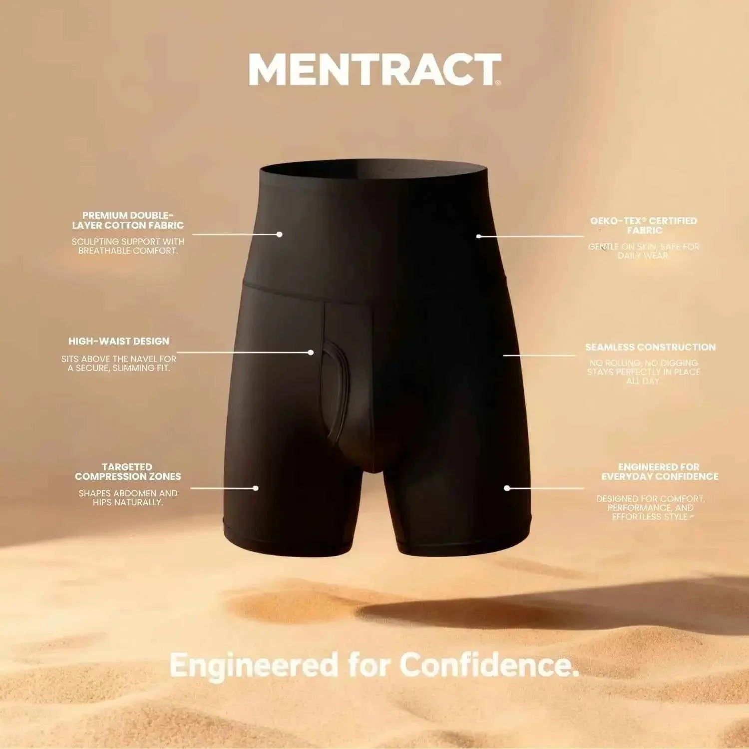Black high-waist compression boxer briefs with premium cotton, seamless design, and targeted support