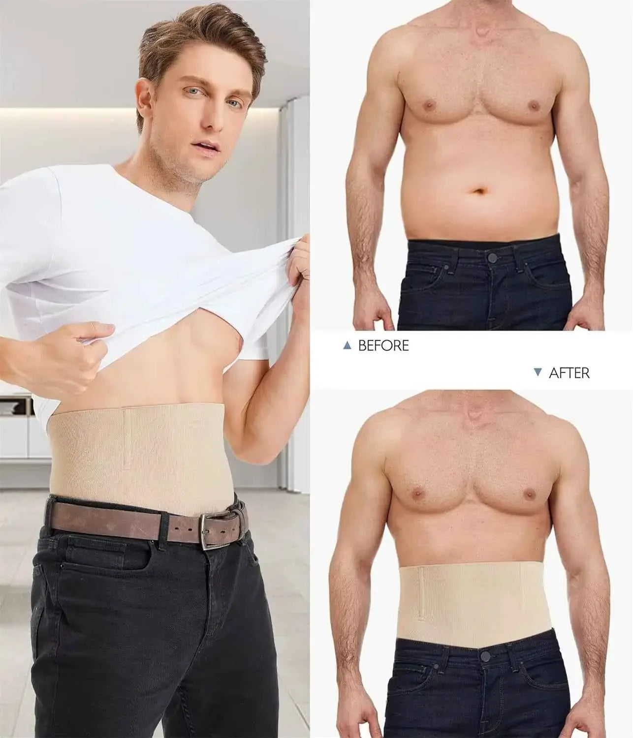 Men modeling beige waist trainer slimming belt, before and after results, showing slimmer waist