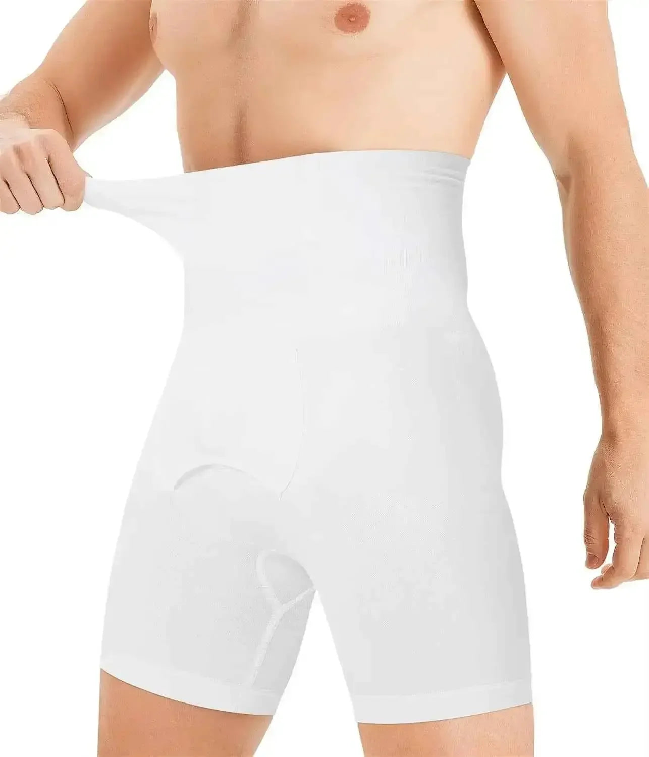 Man wearing and stretching high-waisted white shapewear shorts for body shaping