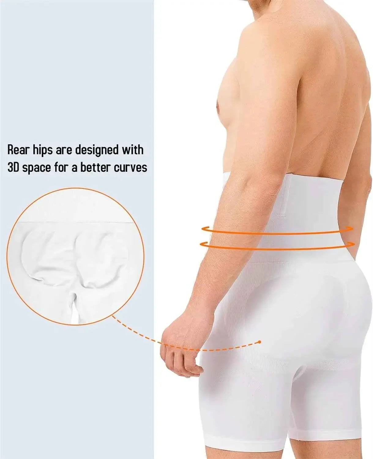 Man wearing white high-waist shaping shorts with 3D space design enhancing rear hips for better curves